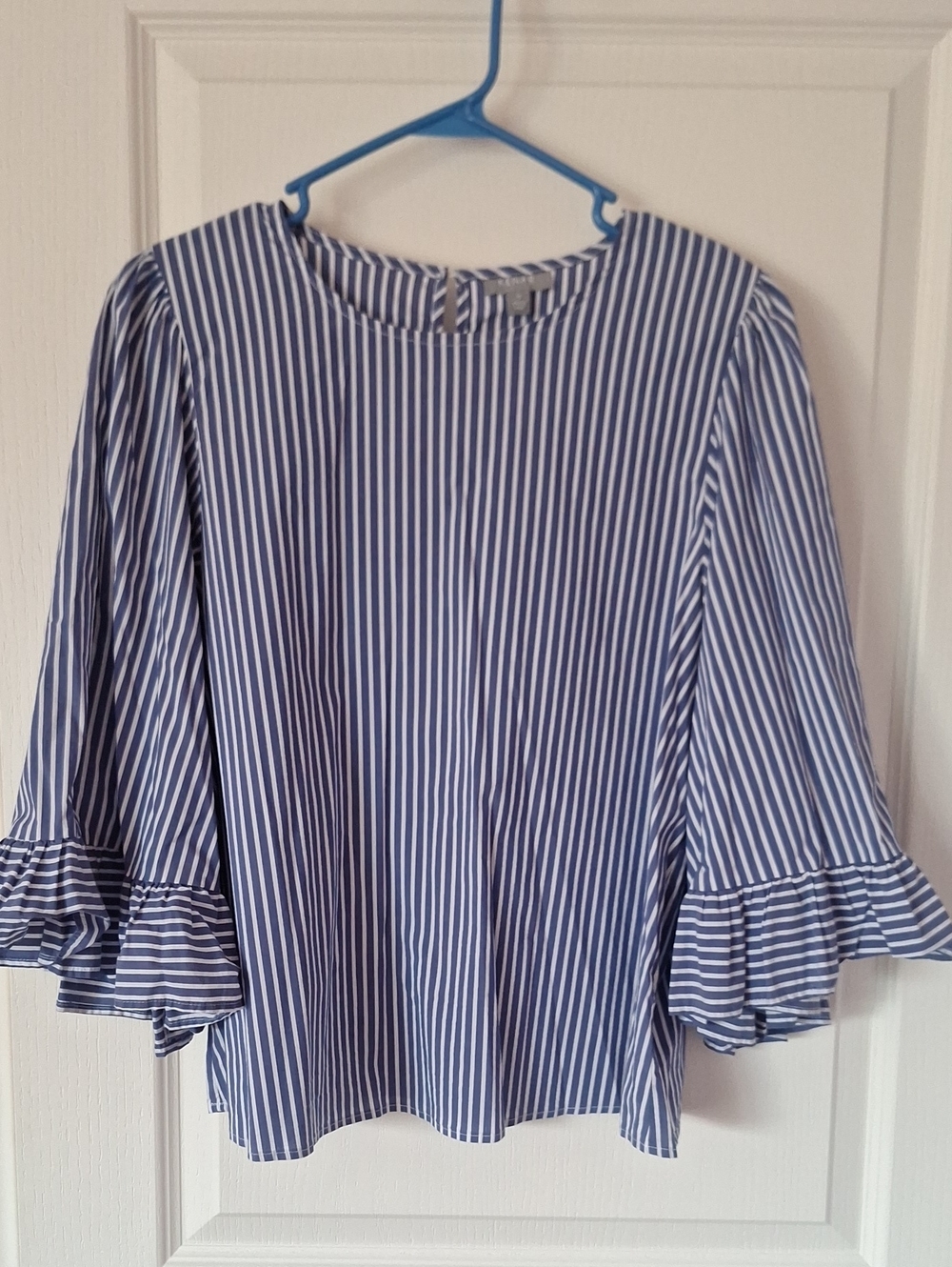 Kenar Blue and White Striped Ruffle Sleeve Blouse